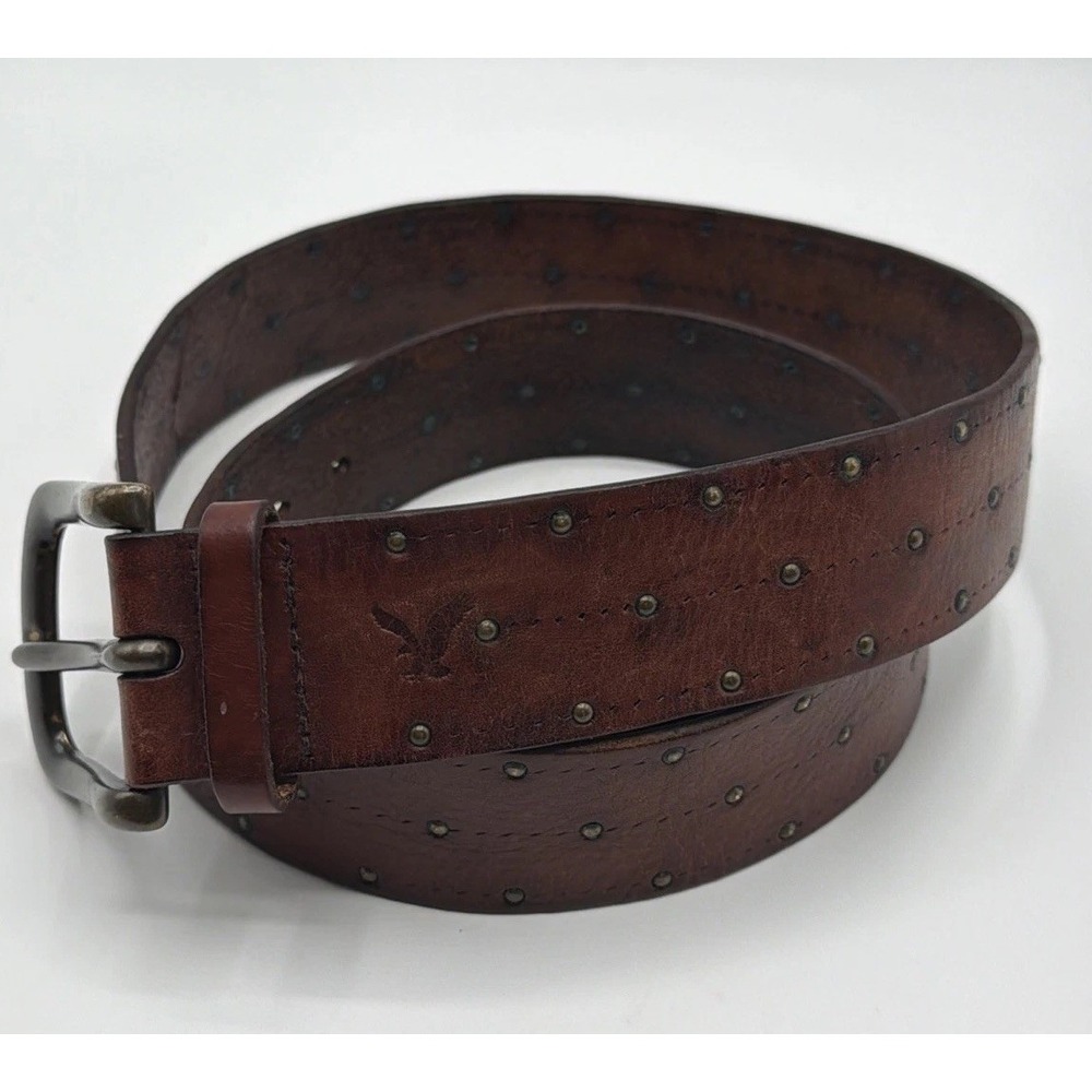 Vintage AE American Eagle Y2K Leather Belt Men's 38" Brown, Brass Buckle.